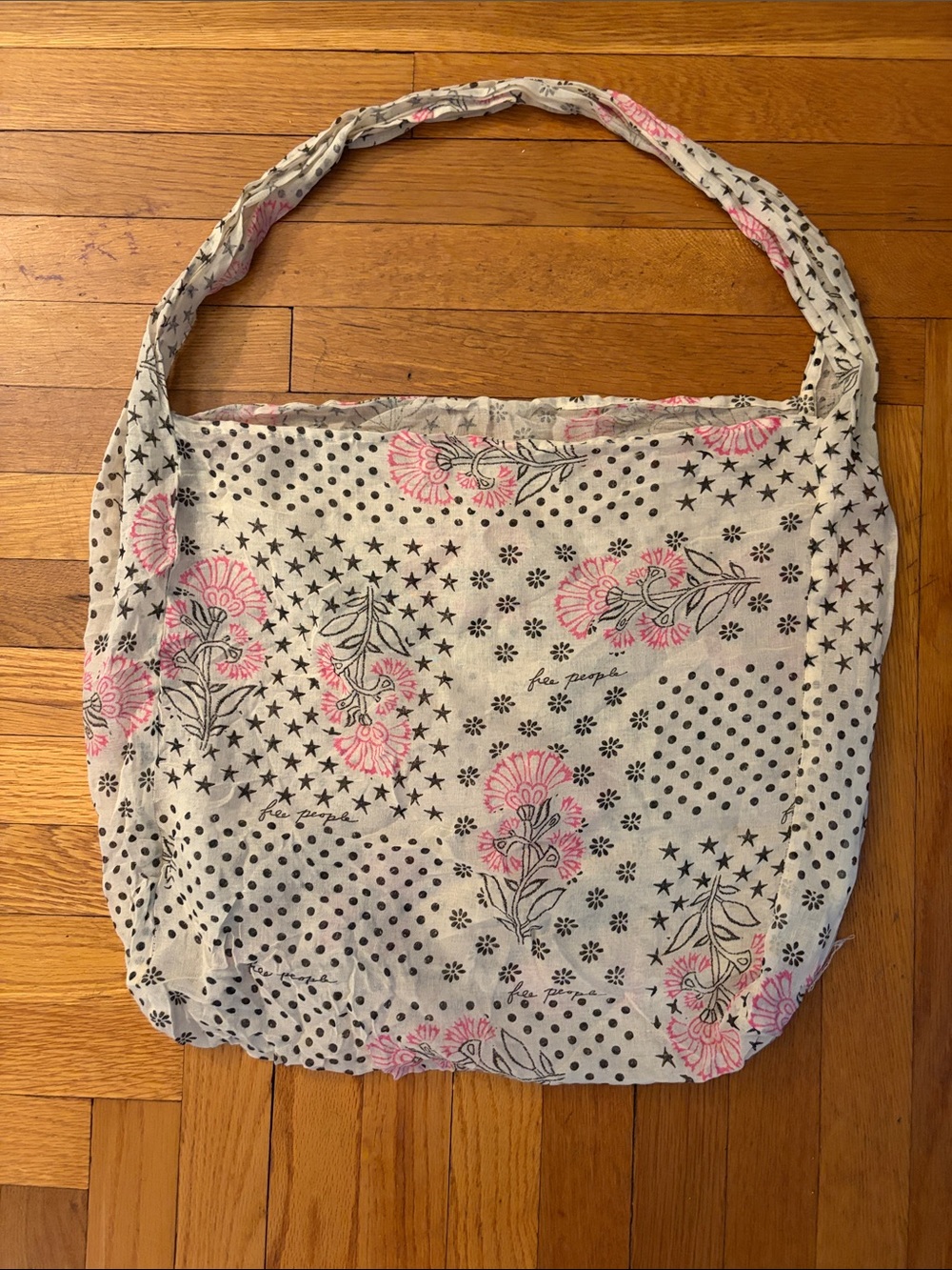 Free People Cream Tote with Pink Floral & Black Star Print